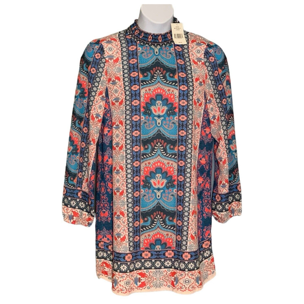 Jealous Tomato Boho Shift Dress Sz L Blue Multi Smocked Neck Balloon Sleeve NWT